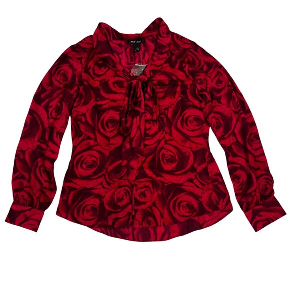 WHBM women's blouse 8 red rose print button down long sleeve top satin feel NWT - Picture 7 of 9